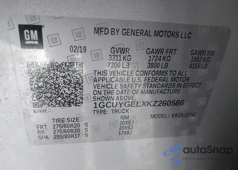 2019 Chevrolet Silverado 1500 Ltz из США, поврежденный, VIN 1GCUYGELXKZ260586